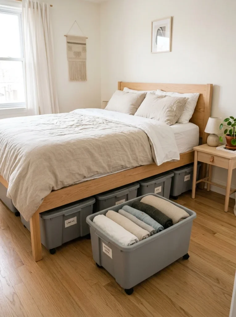 Low-profile storage bins using the unused space beneath a small apartment bed.
