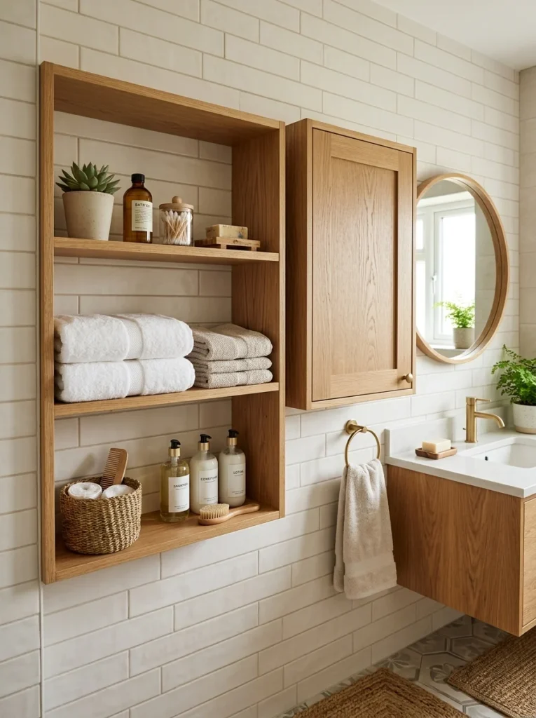 Bathroom combining open shelving with closed storage for a tidy appearance.