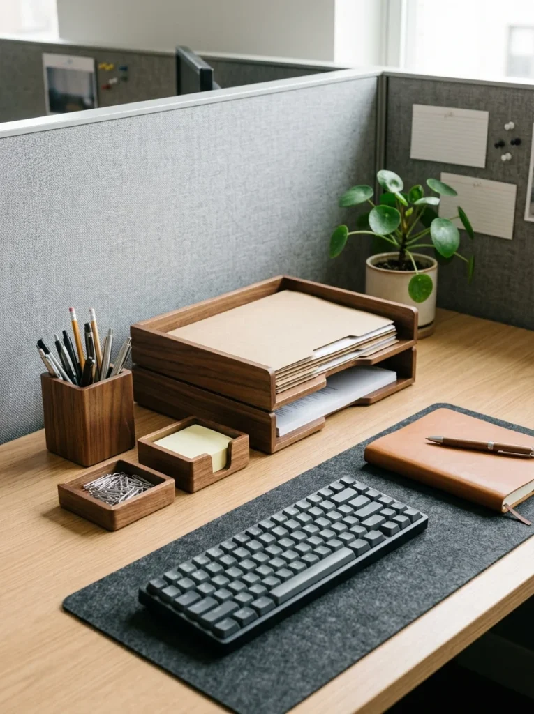 Matching wood desk organizers keeping pens, paperclips, notes, and documents tidy in a cubicle.