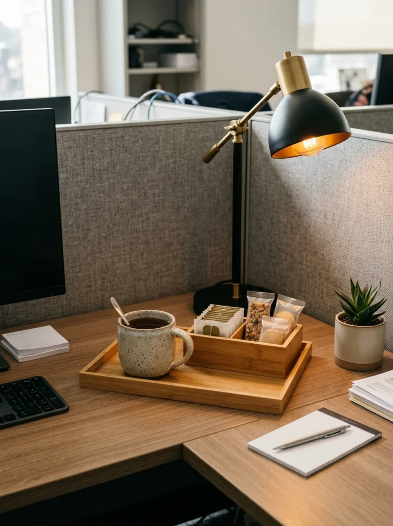Small cubicle tea and snack station with ceramic mug, tea storage, and neatly organized snacks.