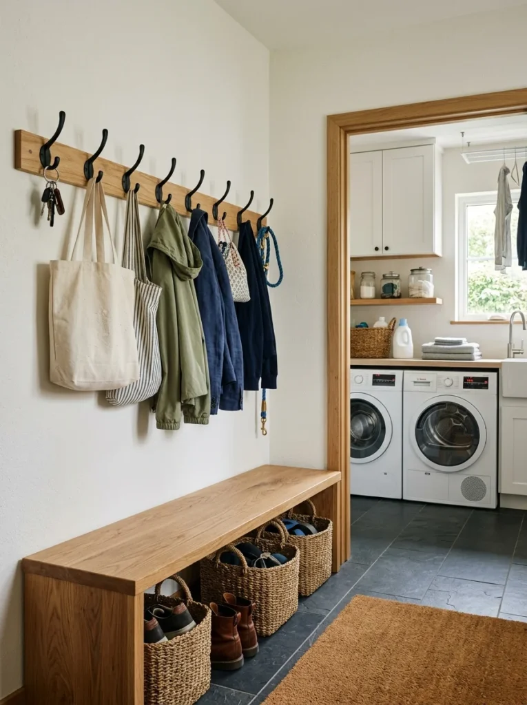 Woven laundry baskets replacing plastic hampers in an organized laundry room.