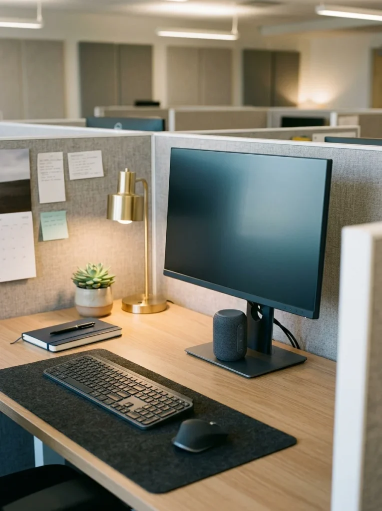 Compact Bluetooth speaker on an organized cubicle desk for quiet background audio.