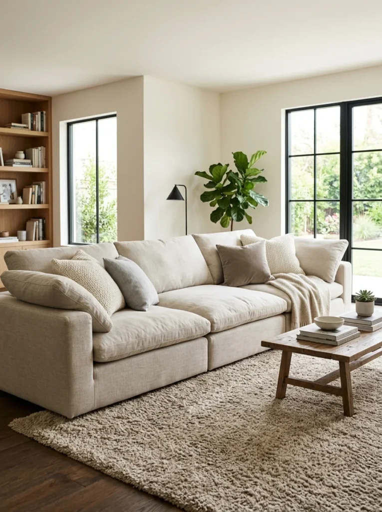 Deep oversized sofa with comfortable cushions in a relaxed modern living room.