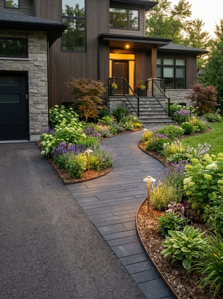 Paver walkway connecting a driveway to the front entrance.