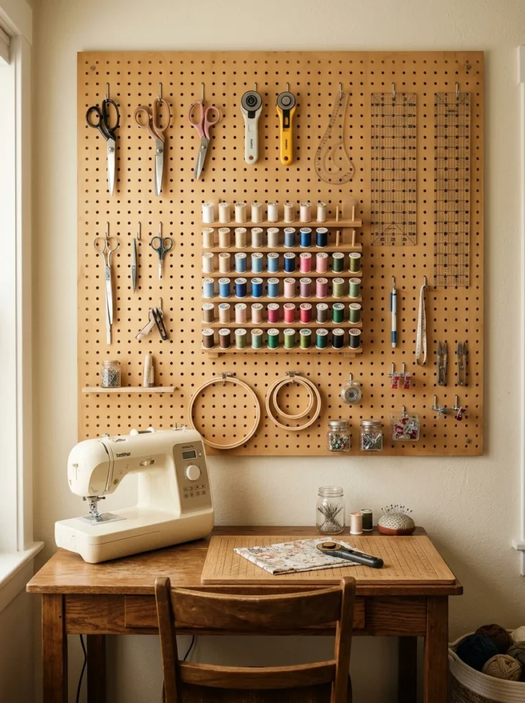 Pegboard organizing sewing scissors, rulers, thread, and tools vertically.