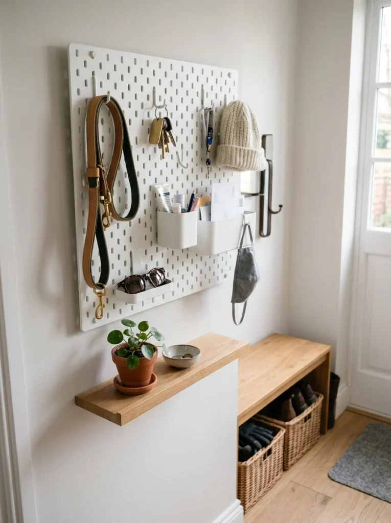 SKÅDIS-style pegboard organizing keys, sunglasses, and dog leashes near an entryway.