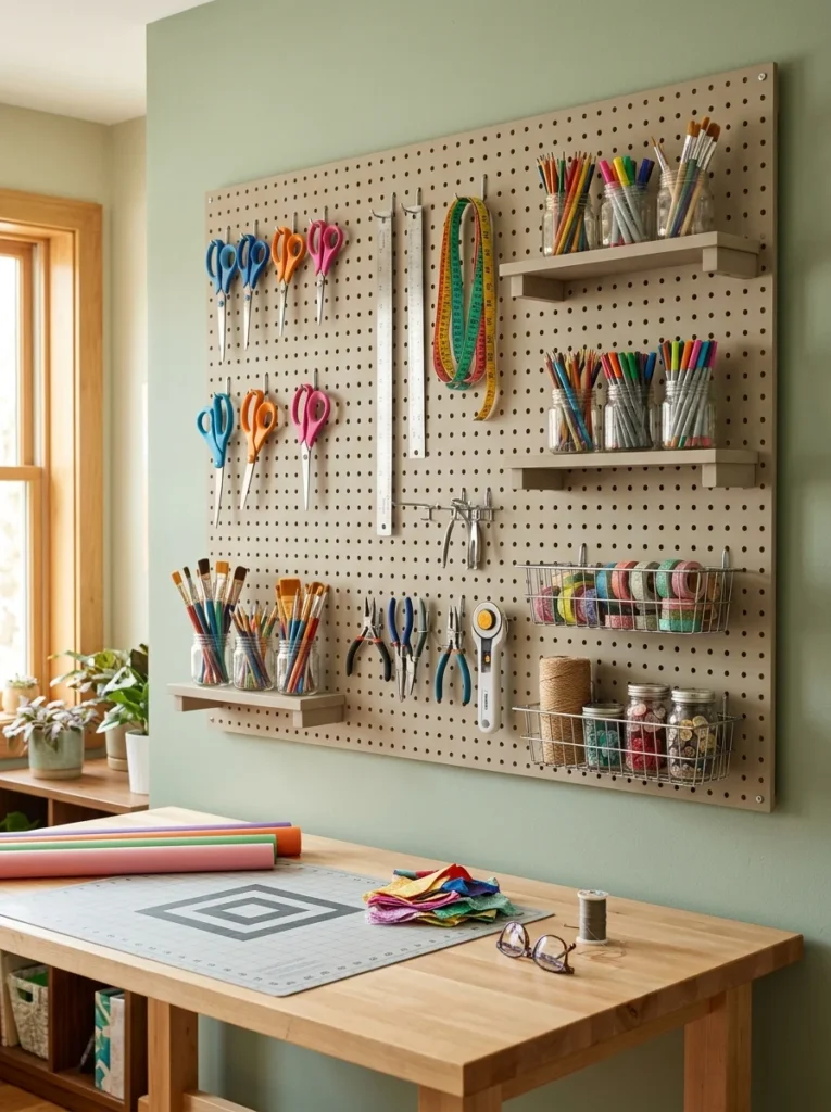 Painted hobby room pegboard organizing craft tools, brushes, scissors, baskets, and supplies.