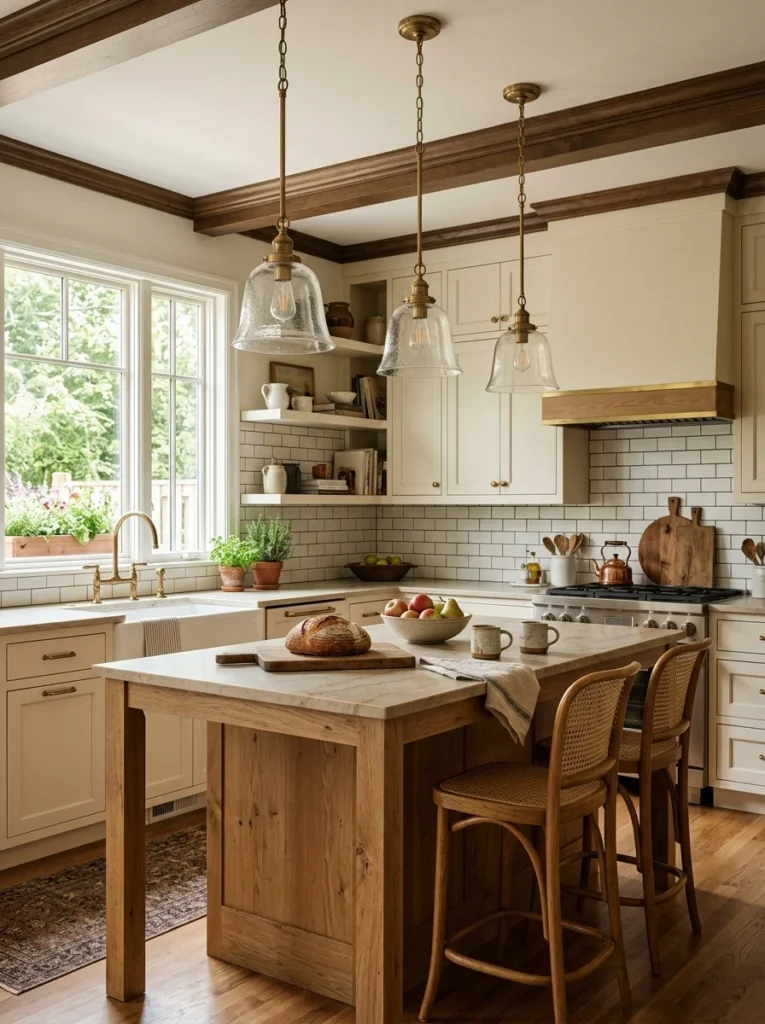 Linear pendant fixture providing even lighting over a long narrow kitchen island.