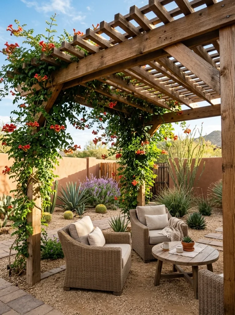 Wooden pergola with desert-adapted climbing vines providing filtered backyard shade.