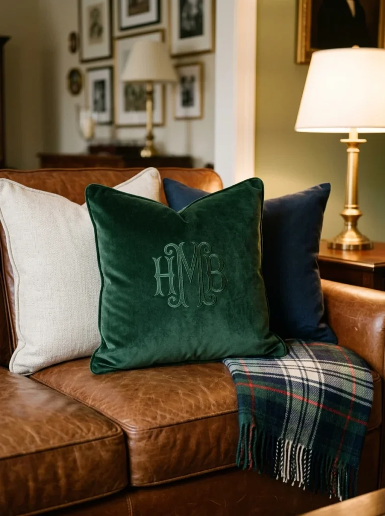 : Subtle monogrammed velvet and linen pillows styled on a cognac leather sofa.