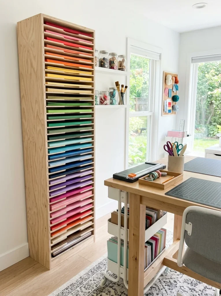 Vertical cardstock storage organized by color.