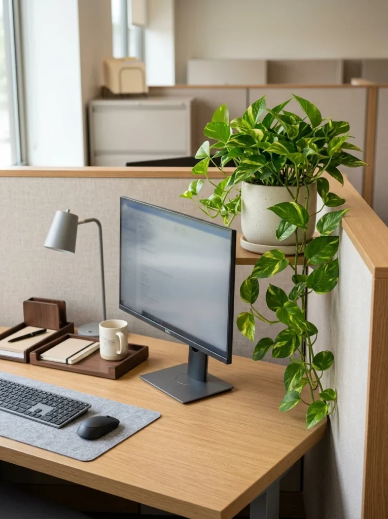 Small green pothos plant adding a natural touch to an organized office cubicle desk.