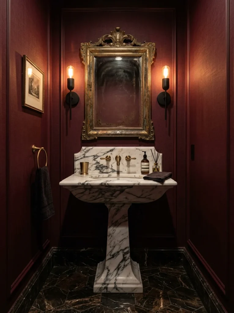 Deep burgundy powder room with antique brass accents.