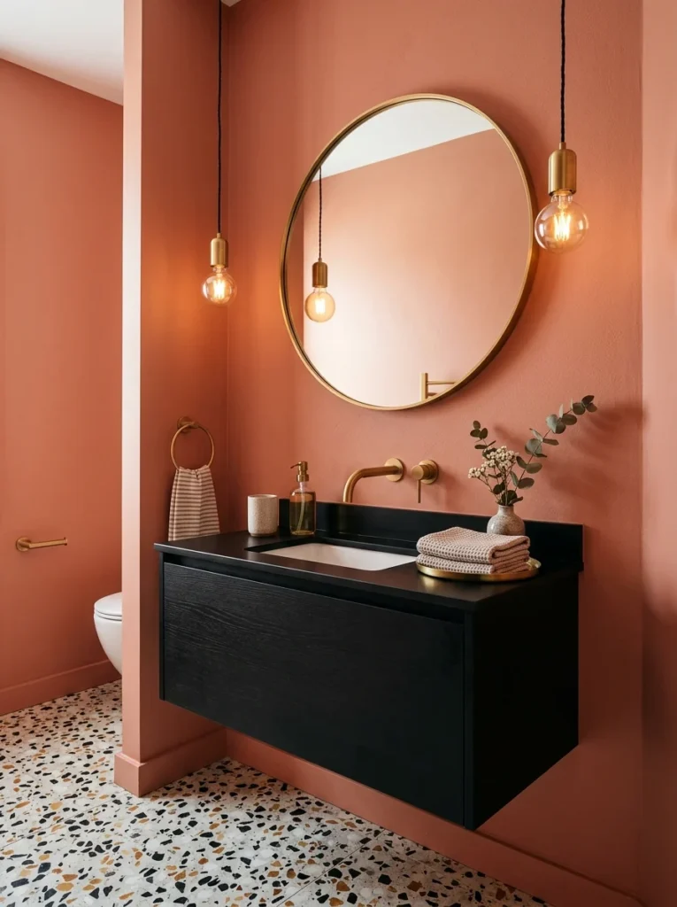 Coral bathroom with black vanity and brass fixtures.