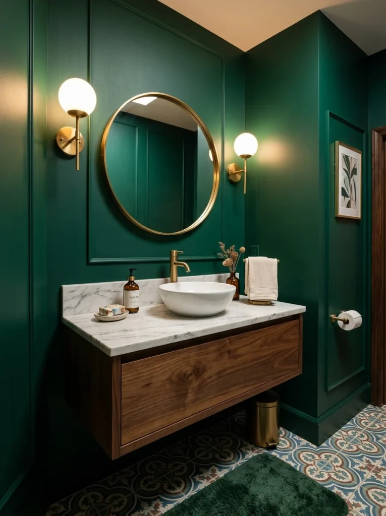 Deep emerald green powder room with walnut vanity and brass accents.