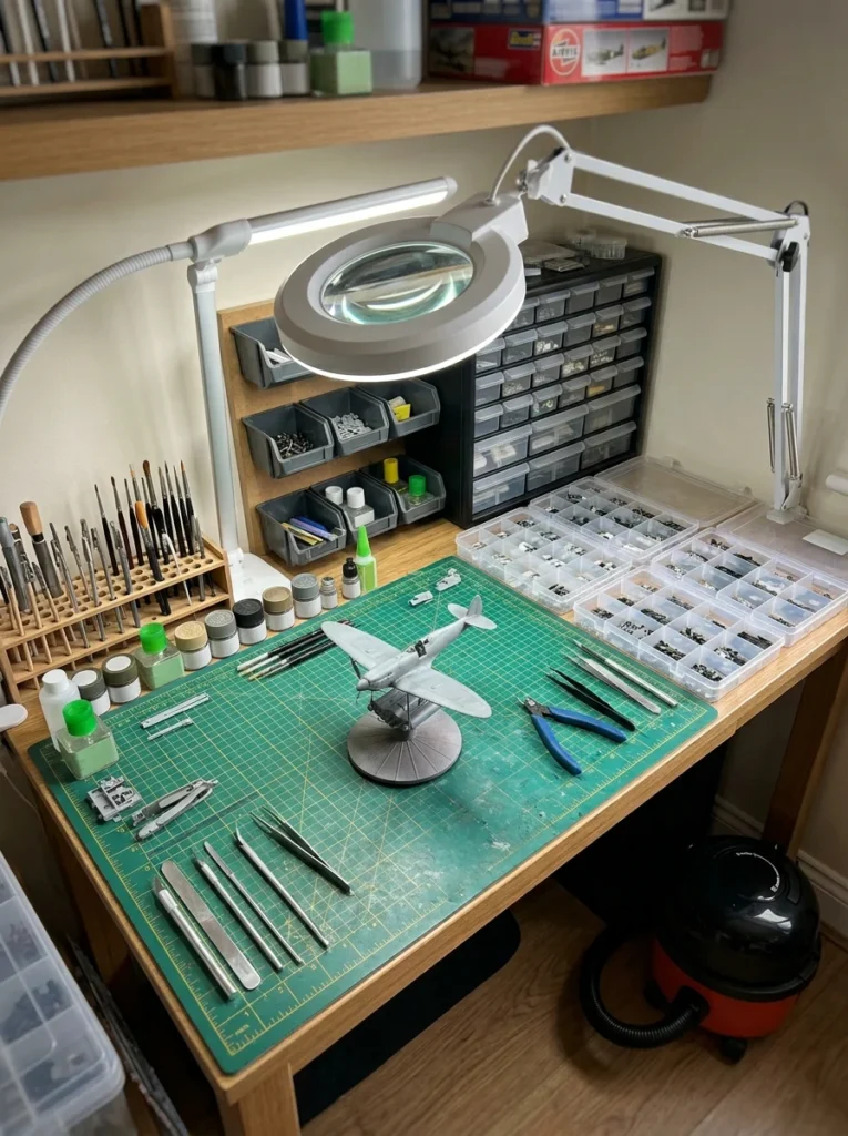 Detailed model-building station with magnifying lamp, cutting mat, sorting trays, and small-parts storage.