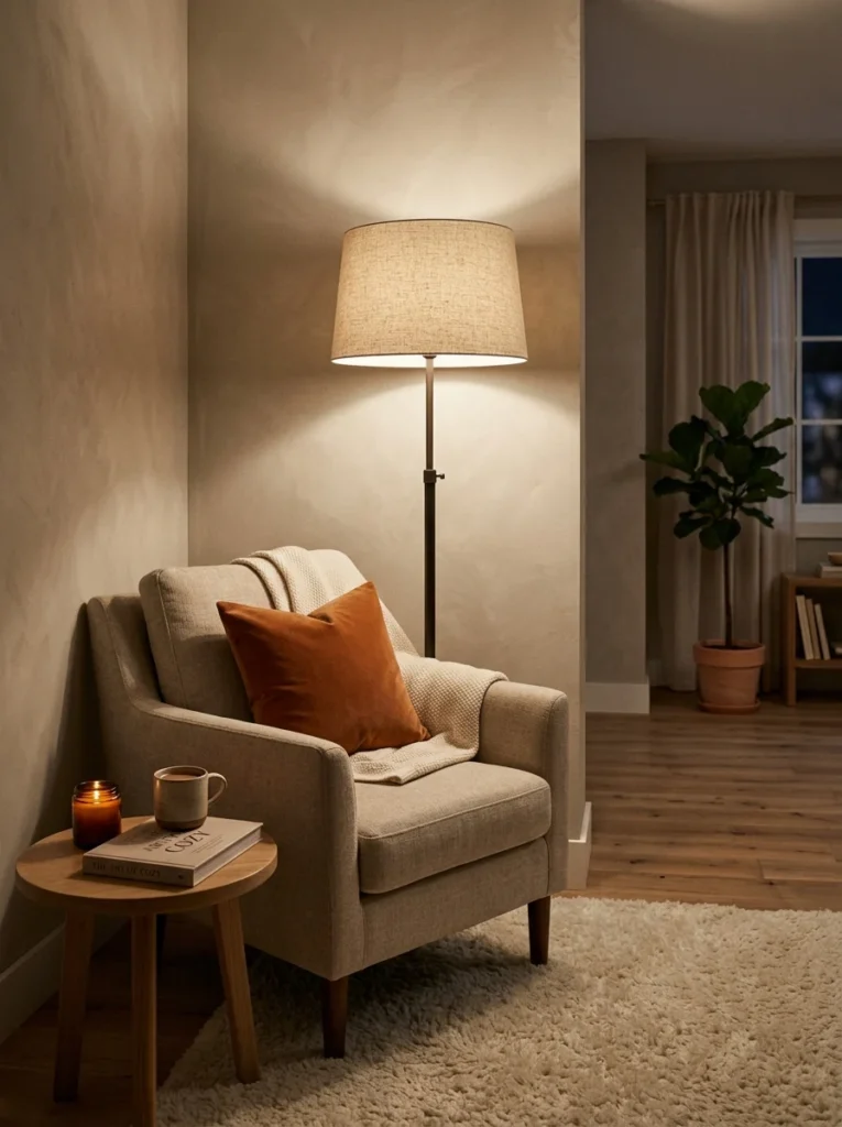 Tall floor lamp adding warmth and function to an empty living room corner.