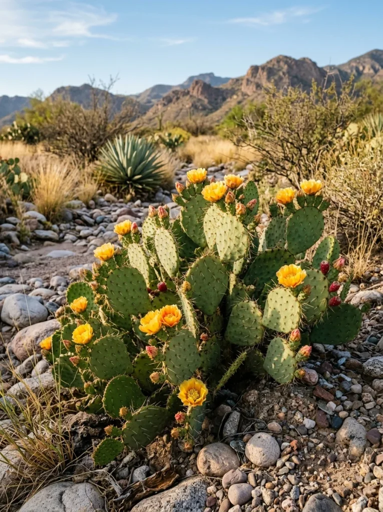 Flowering prickly pear cactus adding color beside a desert dry riverbed.