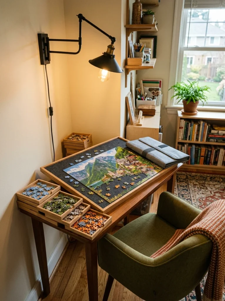 Dedicated hobby room puzzle table with felt puzzle board, sorting trays, and an unfinished jigsaw puzzle.