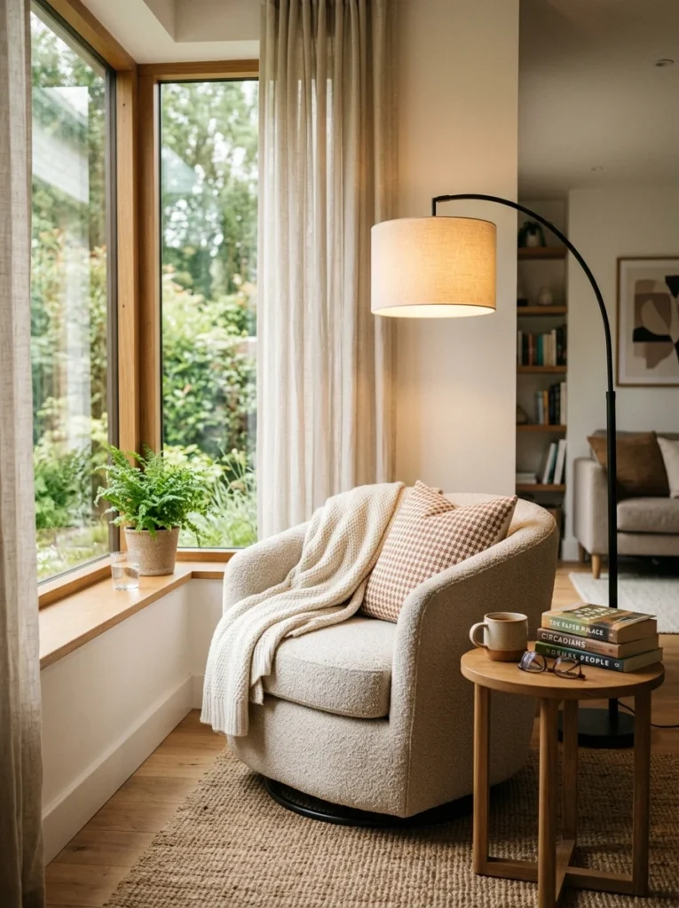 Modern swivel chair adding flexible seating to a cozy reading corner.