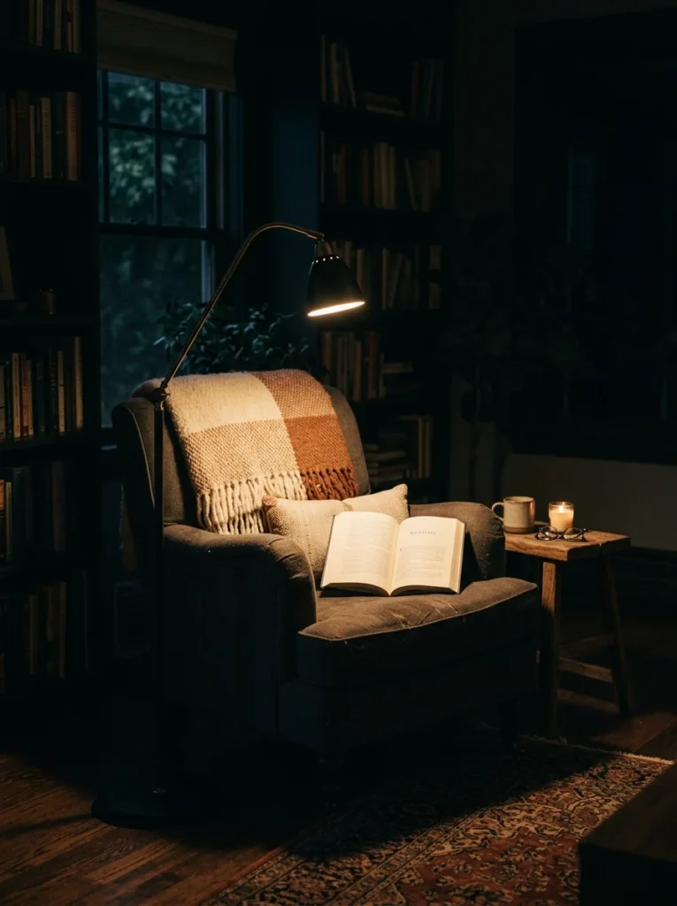 Adjustable-arm reading lamp directing focused light onto a cozy armchair.