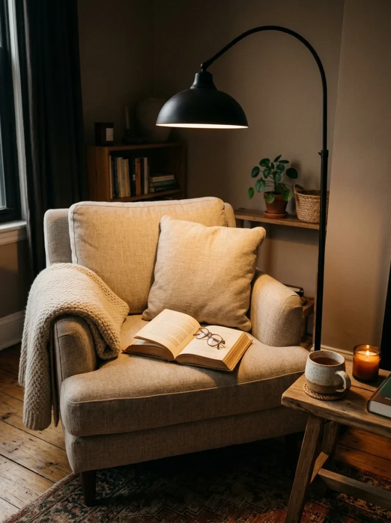 ozy lounge chair illuminated by a downward-facing floor lamp for warm reading light.