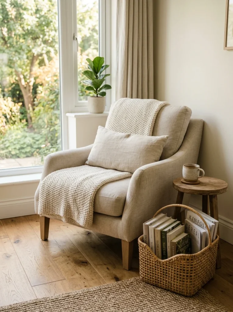 Woven basket storing books and magazines beside a cozy lounge chair.