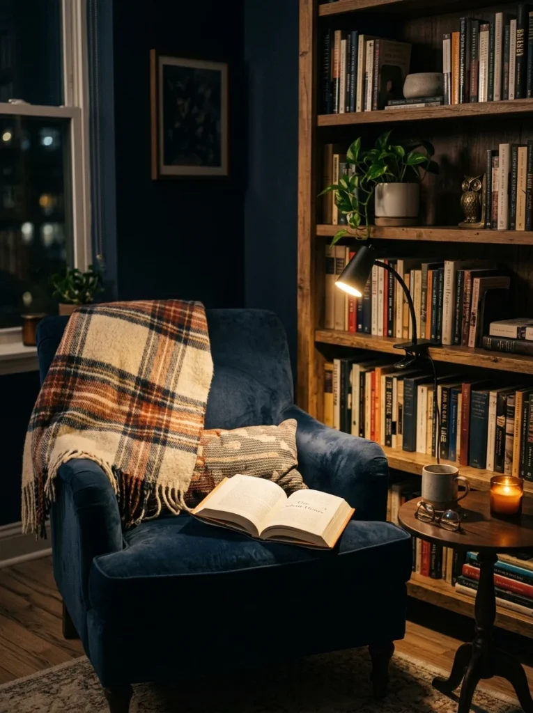 Clip-on reading light providing focused illumination above a cozy lounge chair.