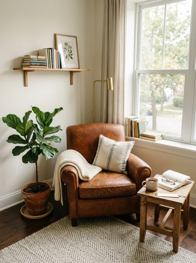 Medium indoor plant adding natural greenery beside a cozy lounge chair.