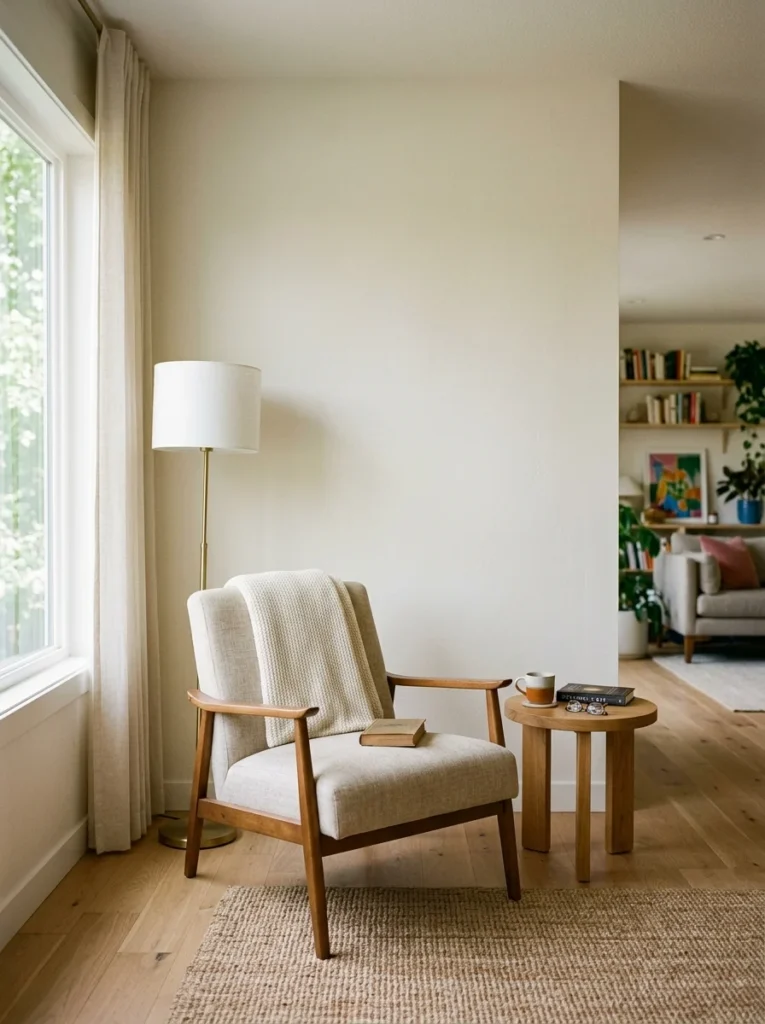 Uncluttered lounge chair corner with simple furniture and plenty of open space.