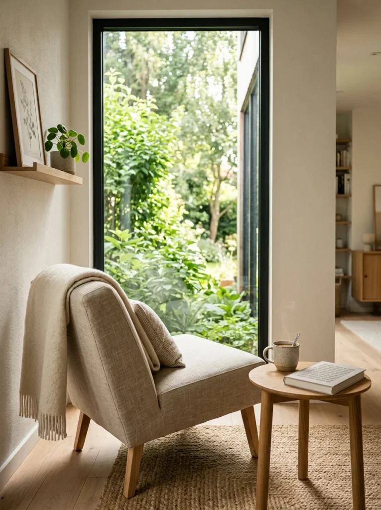 Cozy lounge chair positioned toward a bright window for a relaxing view.