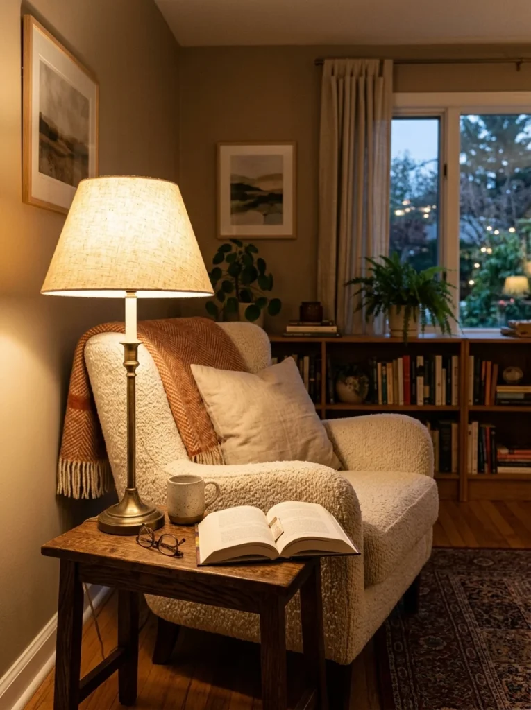 Cream fabric lampshade creating a soft warm glow beside a reading chair.