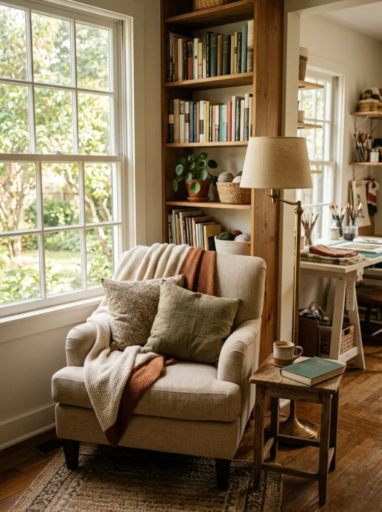 Cozy hobby room reading nook with armchair, bookshelf, floor lamp, and small side table.