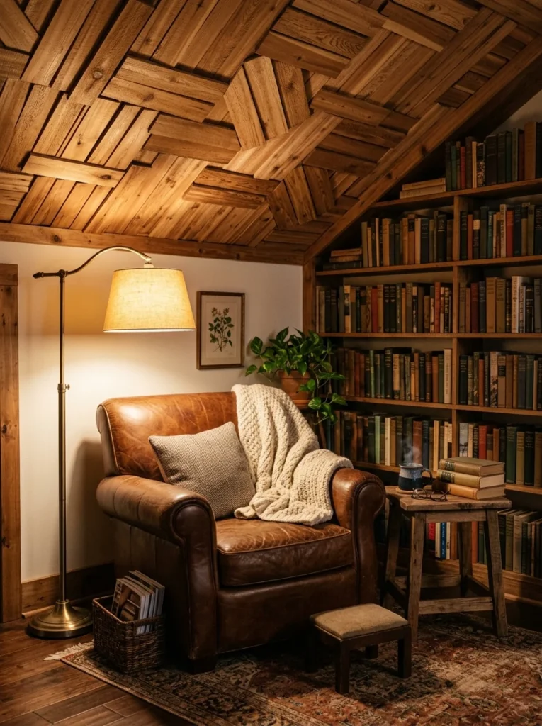 Cedar shim ceiling creating a unique textured accent.