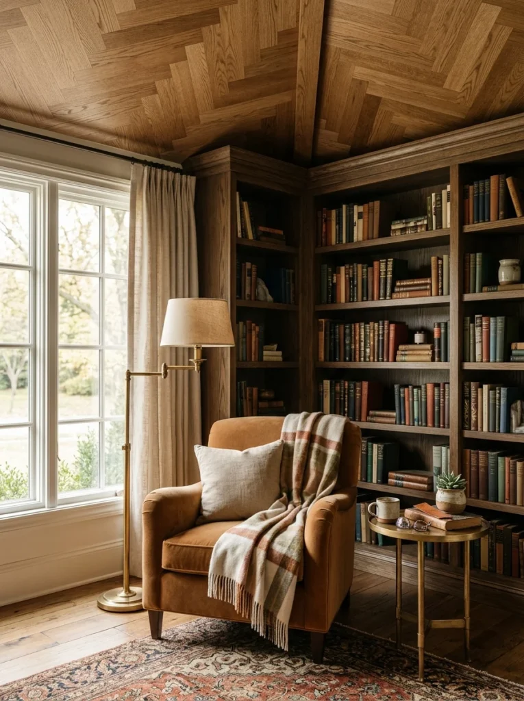 Herringbone wood ceiling accent above a cozy reading nook.