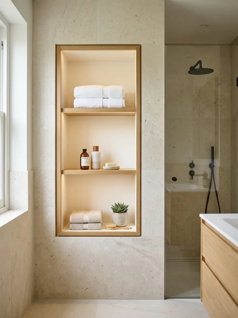 Recessed bathroom wall shelf providing built-in storage without using floor space
