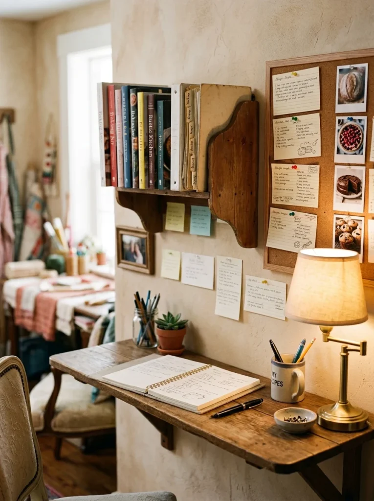 Hobby room recipe planning nook with cookbooks, recipe binder, corkboard, and writing counter.