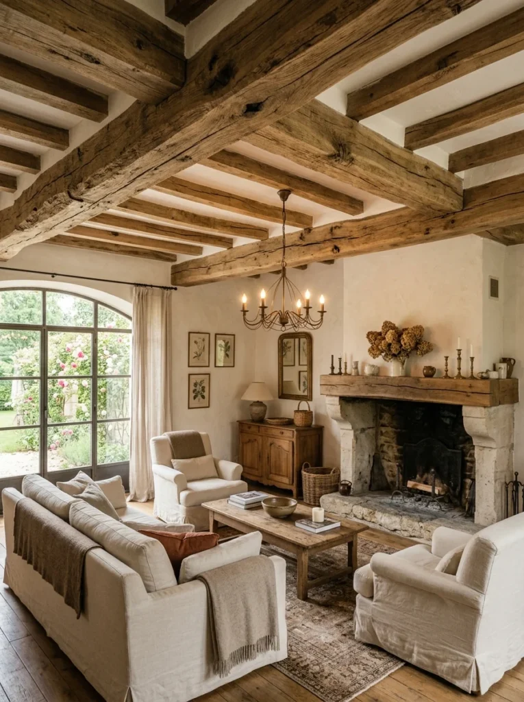 Weathered wood console table styled behind a linen sofa in a French country room