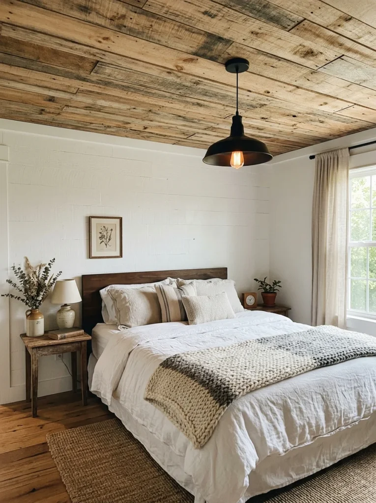 Reclaimed pallet wood ceiling creating rustic charm.