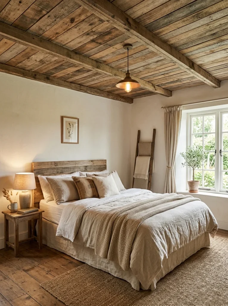 : Rustic reclaimed pallet wood ceiling with natural weathered texture.