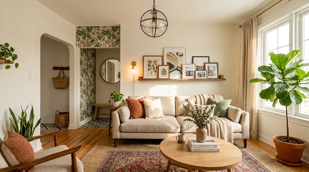 Stylish rental apartment renovated with removable wallpaper, layered rugs, modern lighting, and budget-friendly decor.