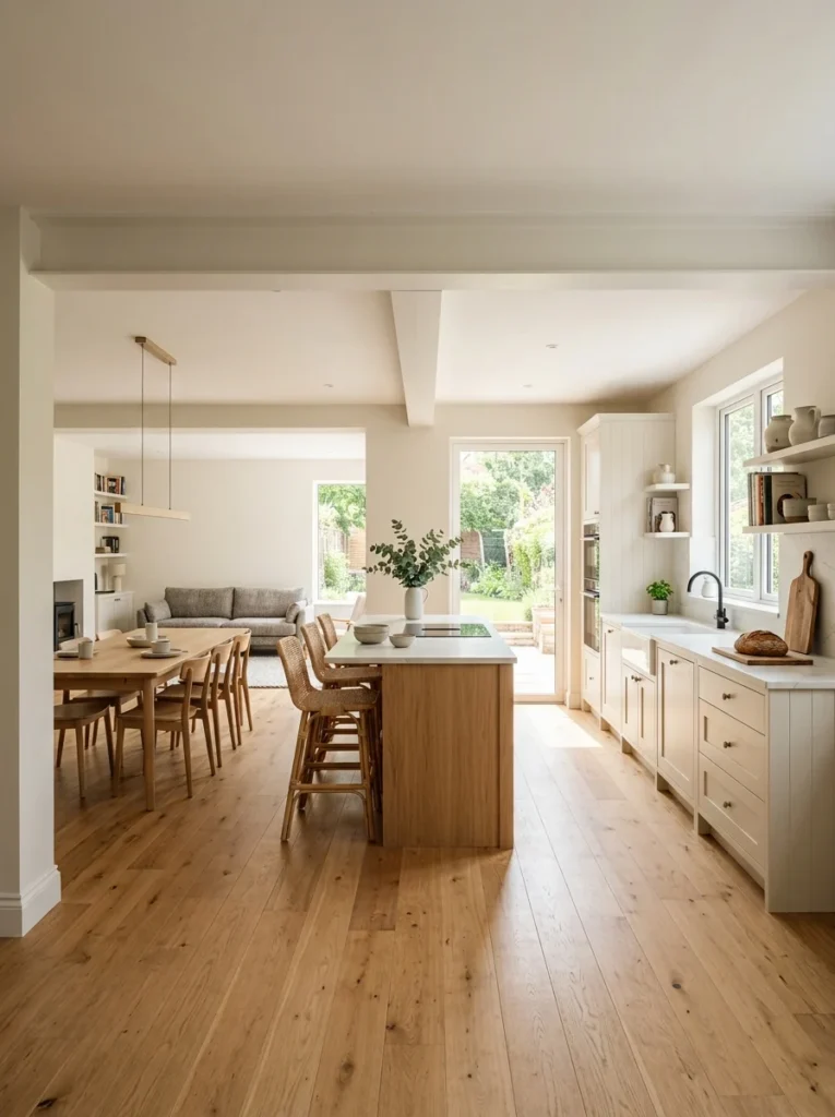 Open kitchen created by removing the wall between the kitchen and dining area.