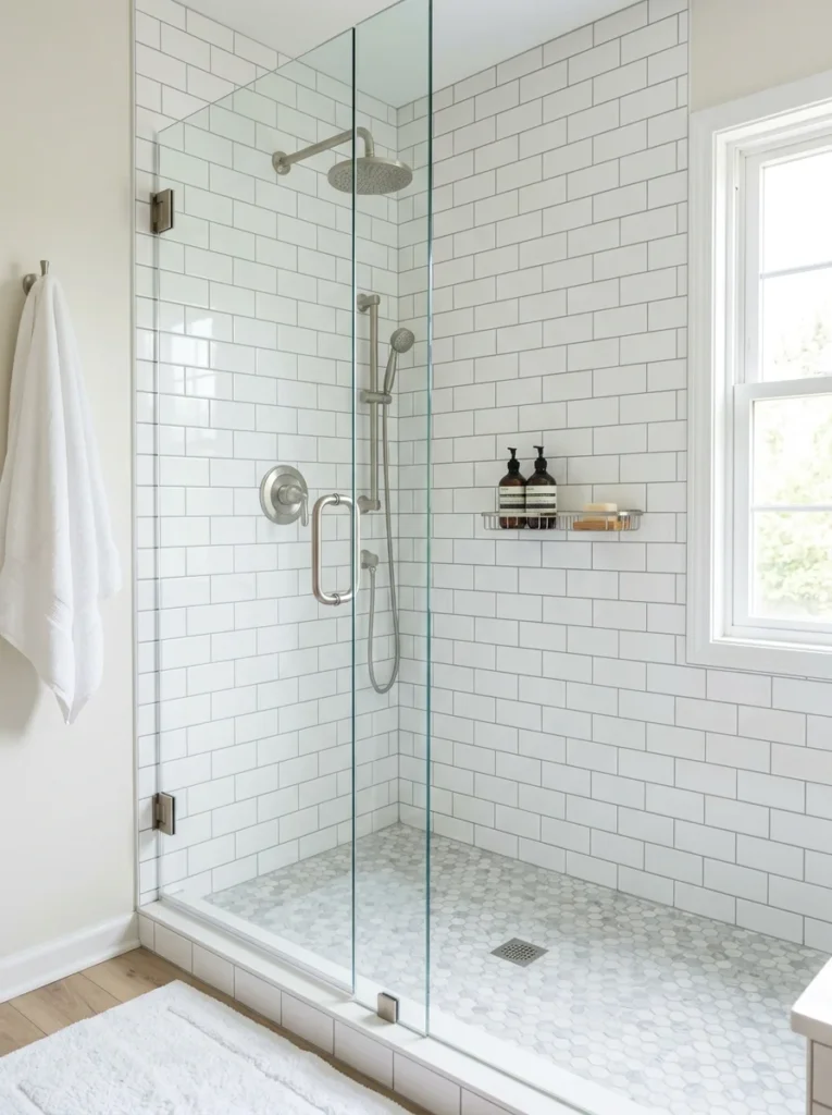 Shower tiles refreshed with clean new grout for an affordable renovation.