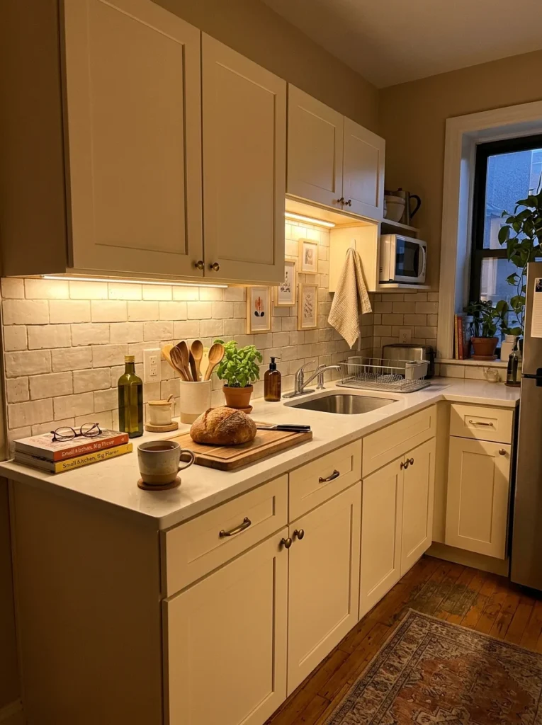 Apartment kitchen illuminated with warm under-cabinet light strips.