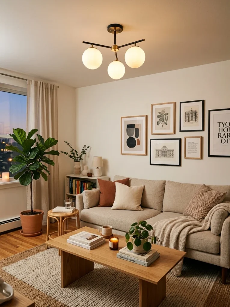 Rental apartment upgraded with a stylish modern ceiling light fixture.