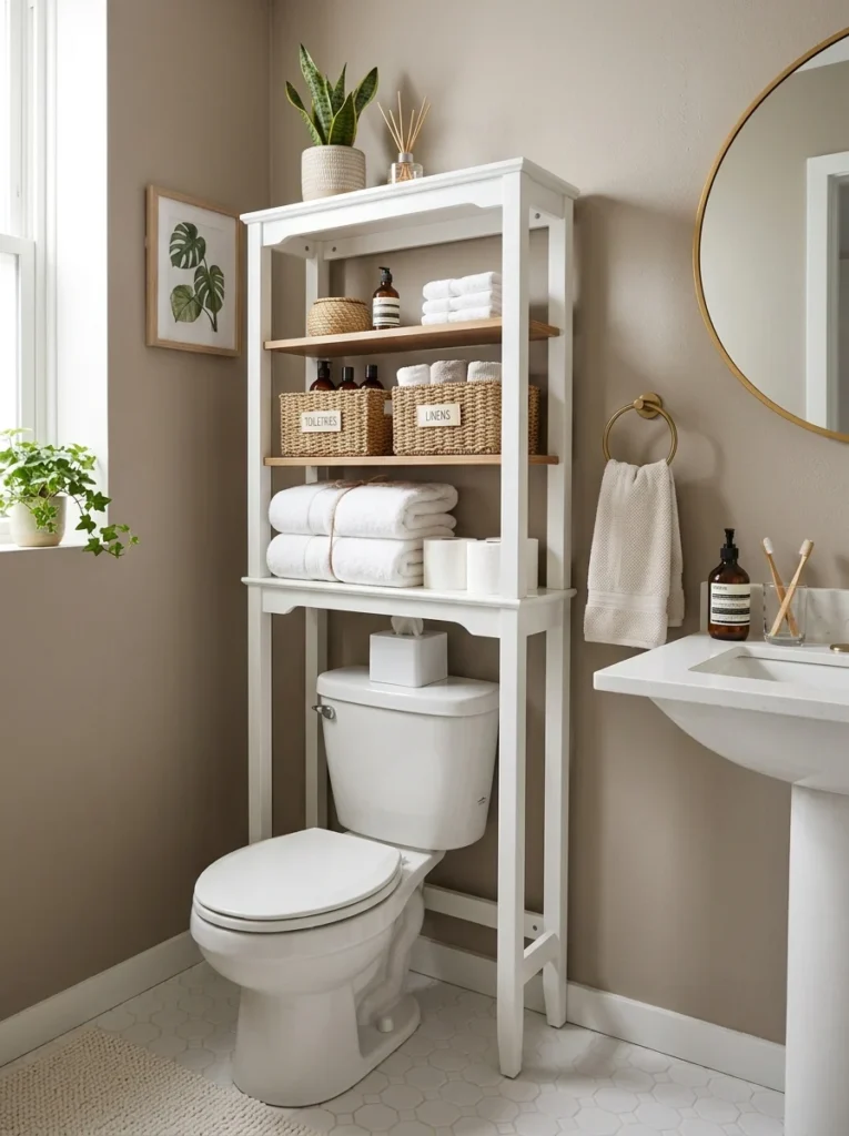Over-the-toilet storage adding organization to a small rental bathroom.