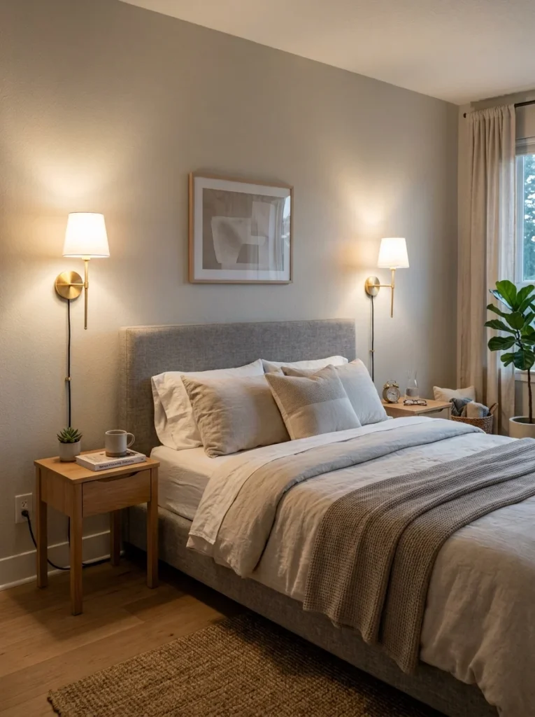 Rental bedroom featuring renter-friendly plug-in wall sconces.