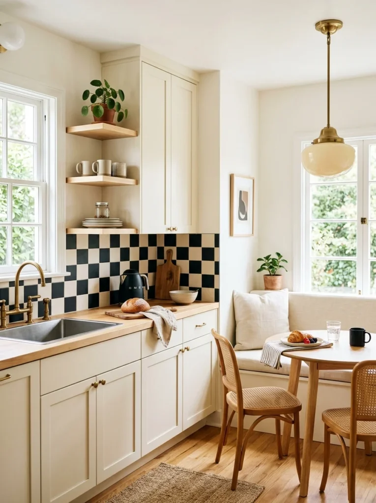 Copper and bronze peel and stick backsplash creating a warm metallic kitchen accent.