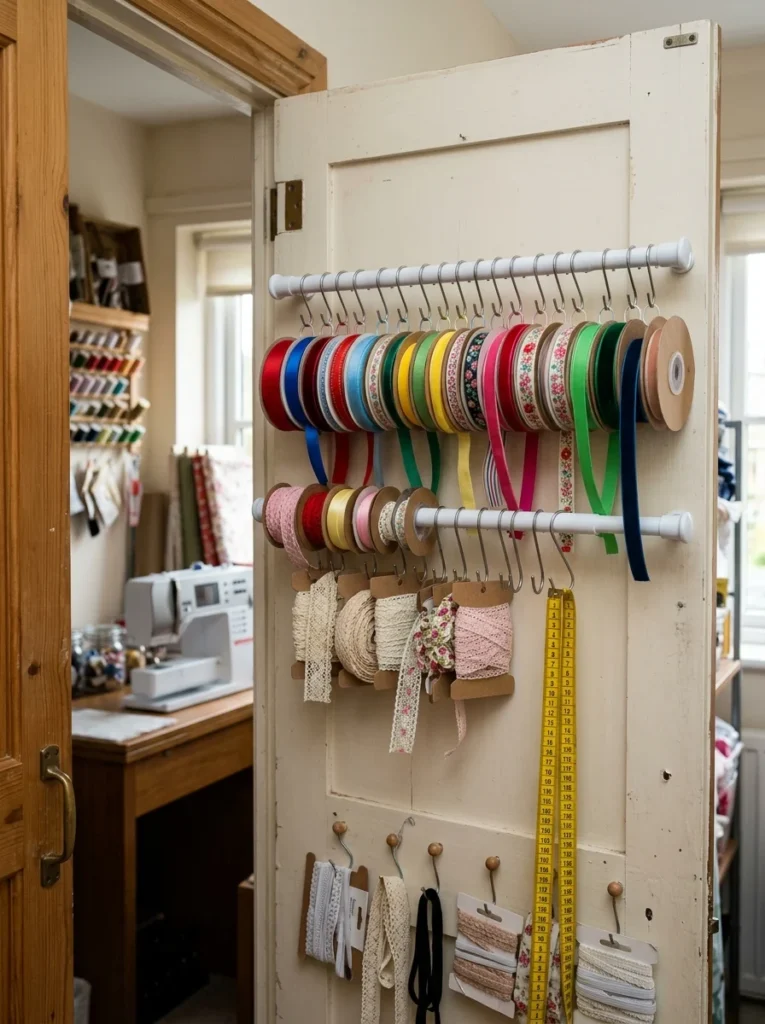 Tension rod organizing ribbon and trim inside a sewing closet.