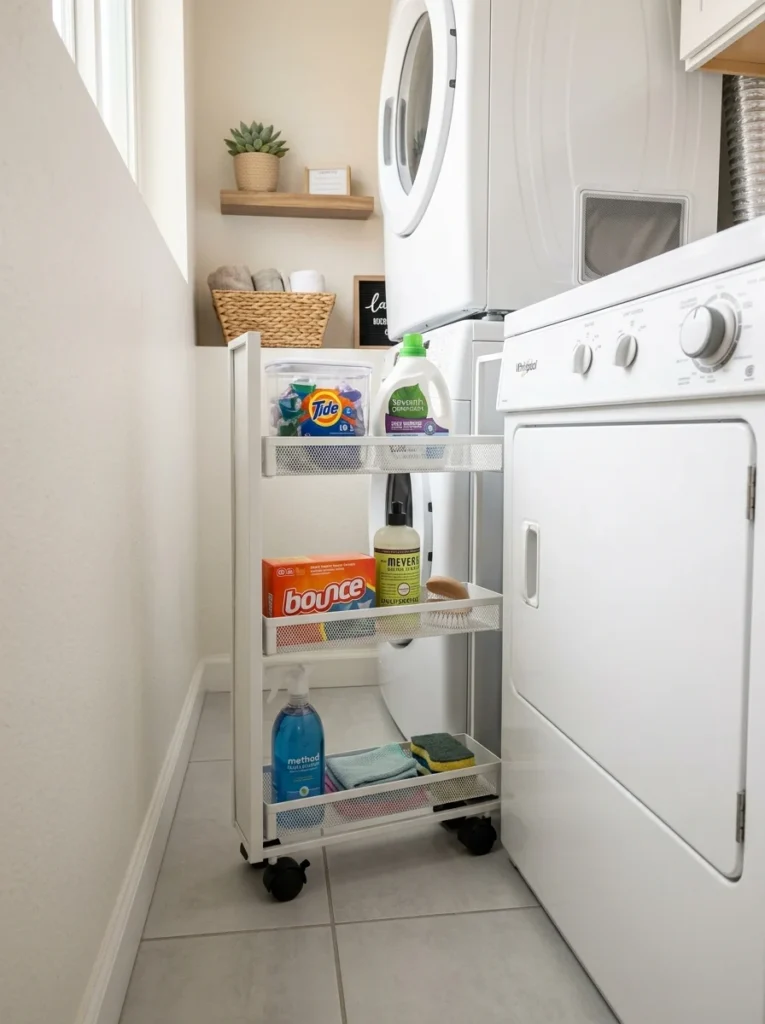Slim rolling cart fitting neatly into the narrow gap beside a laundry dryer.